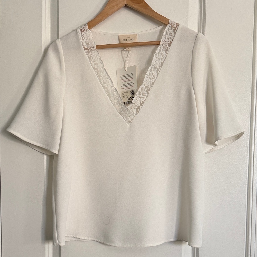 Reiss Ivory Lace Trim V-Neck Blouse